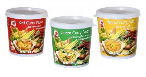 Cock Brand - Probierset Currypasten - 3er Pack (3 x 400g) - 3 Sorten, je 1 Dose Rote, Grüne, Gelbe Currypaste - 1